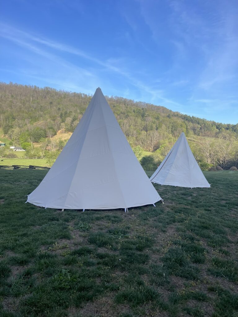Two white canvas tipi tents of different sizes pitched in a green pasture under a blue spring sky, wooded hillside behind
