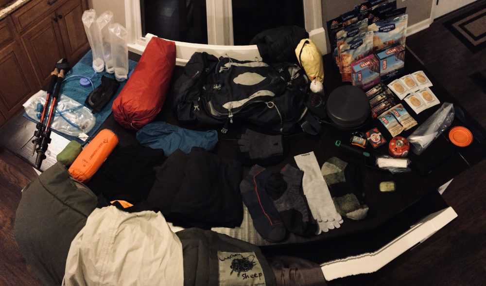 Kevin Anderson's gear for the Trans Zion trek spread out on the floor before packing, April 2019