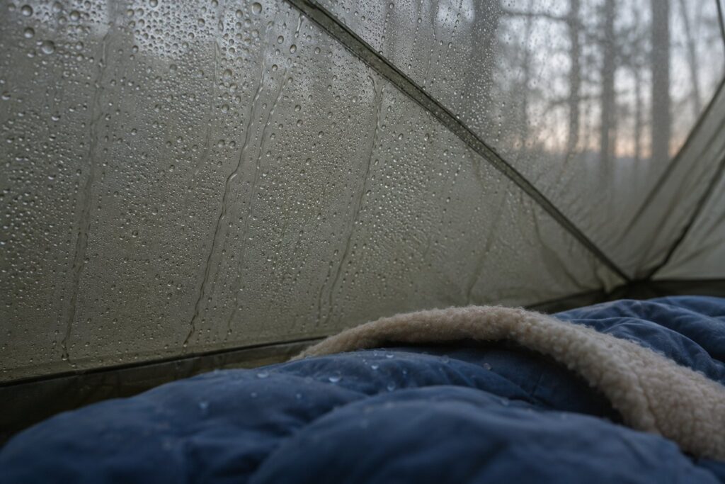 Close-up of condensation droplets beading on the inside wall of a closed tent at dawn, above a sleeping bag